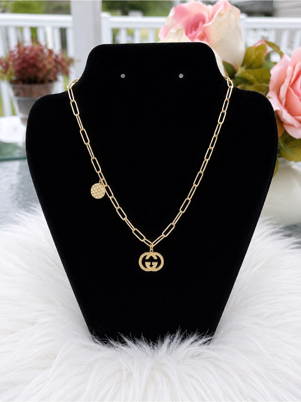 18K stainless steel Gold Link Necklace with Double-G Style Pendant